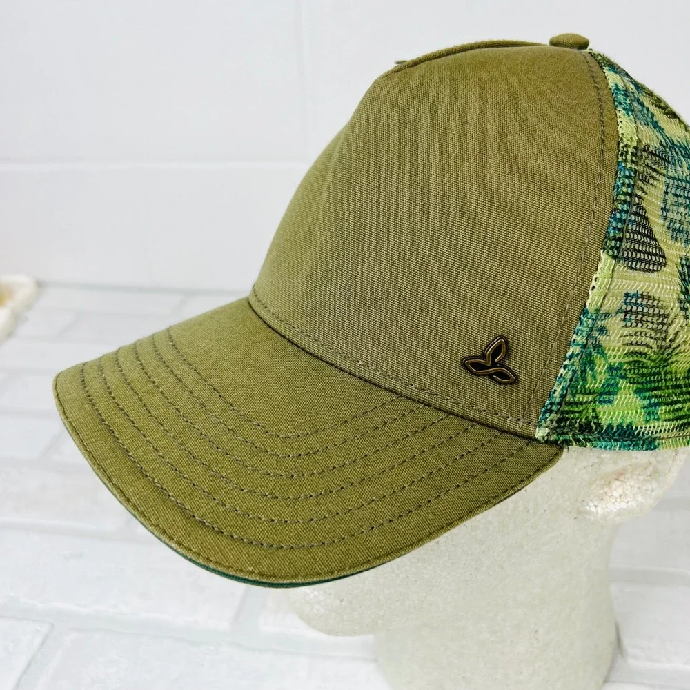 Prana Women Olive Green Tropical Mesh Trucker Hat Snapback Organic Cotton Blend